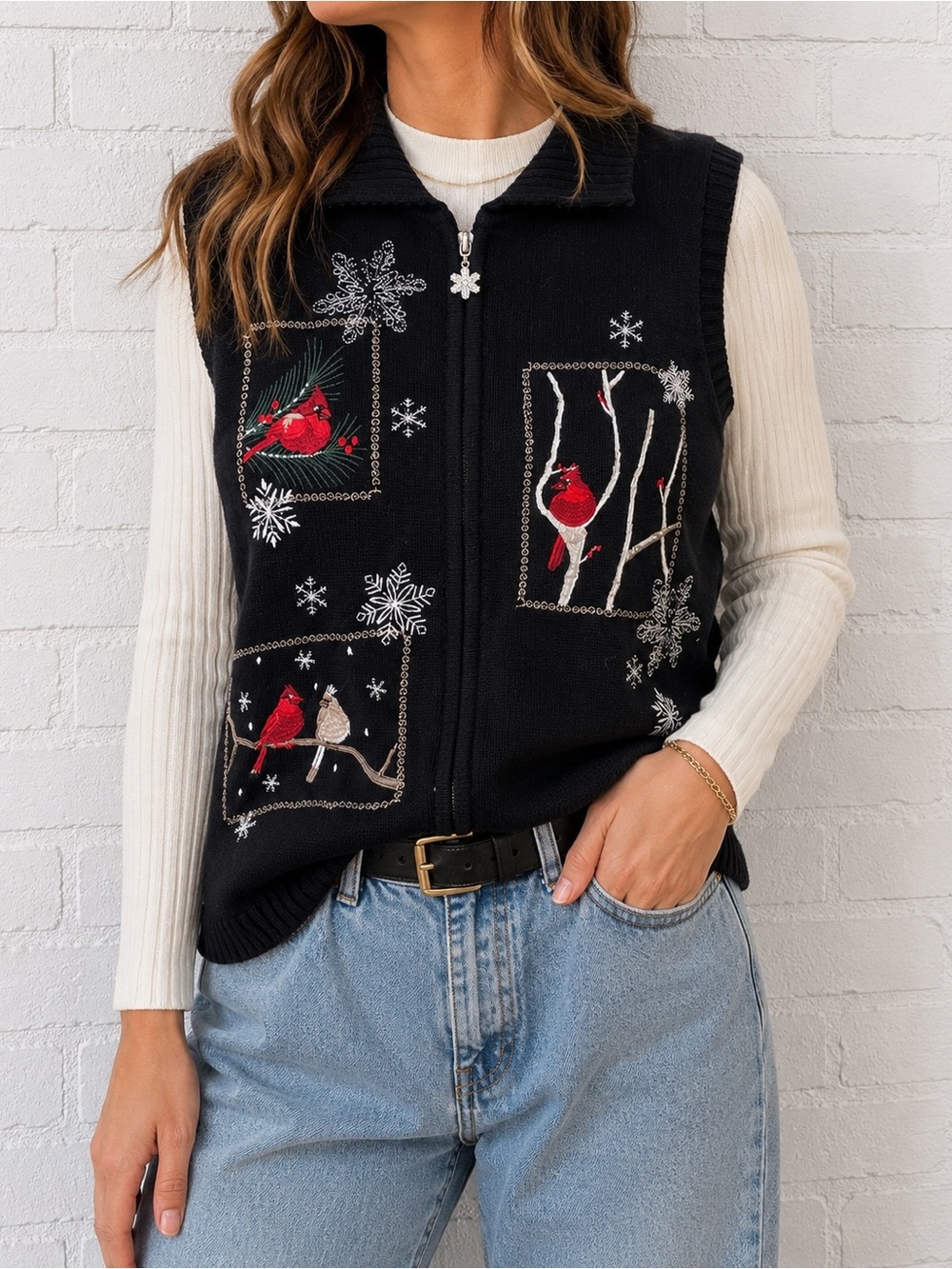 Vintage Southern Lady Cardinal Snowflake Christmas Sweater Vest M Zip Up